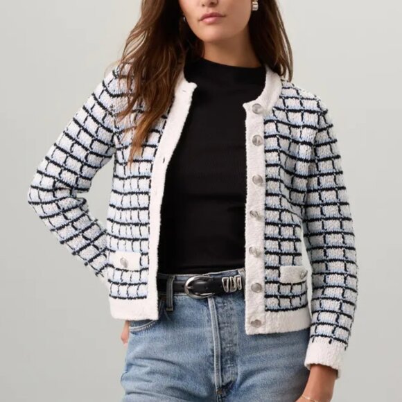 Veronica Beard Sweaters - Veronica Beard Lavigne Check Knit Sweater Jacket in Blue & White Tweed Cardigan
